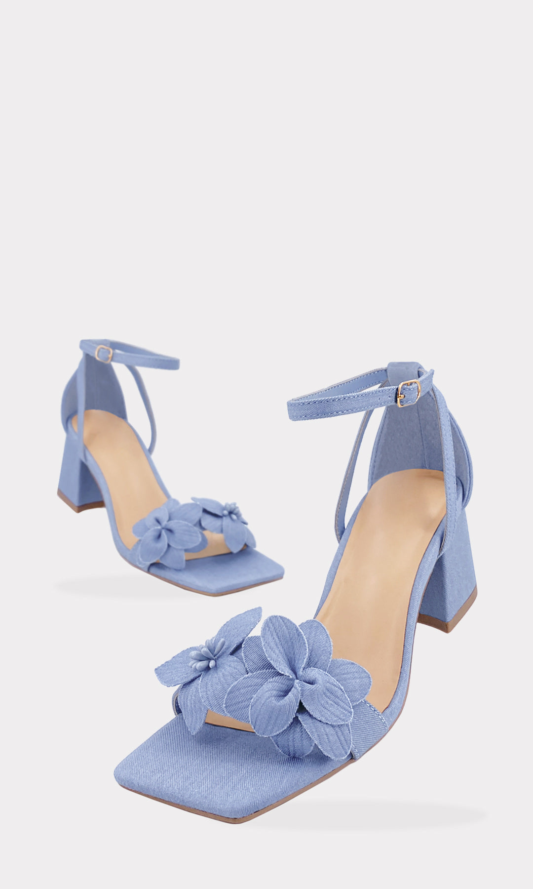 ANNY ZAPATILLAS AZUL MEZCLILLA CON TACON BAJO DE 5.5 CM Y ANKLE STRAP CON HEBILLA DORADA PARA PRIMAVERA-VERANO