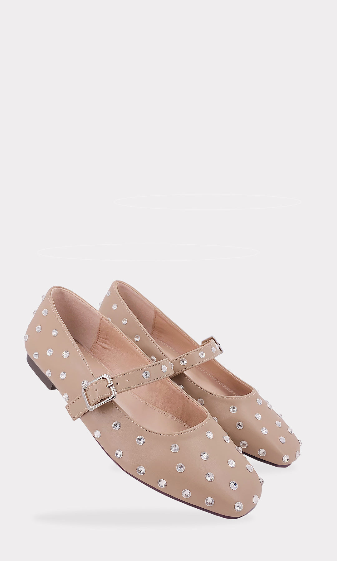 ATENEA ZAPATOS FLATS NUDE HECHOS EN VINIPIEL CON BRILLOS PLATEADOS AL FRENTE Y PUNTA CUADRADA CON TACON DE 1 CM PARA MUJER FASHION