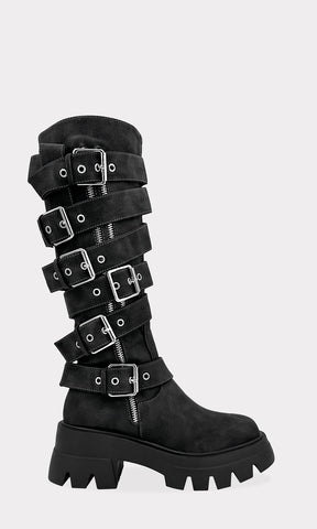 BIKER COMBAT BOOTS ABAJO DE LA RODILLA CON 6 HEBILLAS CUADRADAS AJUSTABLES EN CINTAS ANCHAS ALREDEDOR DE LA PIERNA PARA CHICA