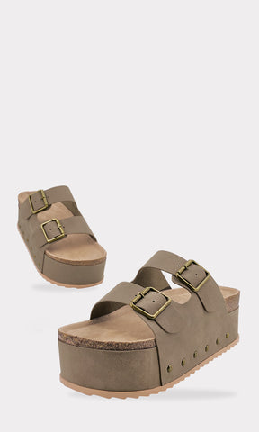 CHERYL PLATAFORM SANDALS TAUPE CON TACON CORRIDO DE DOBLE CINTA ANCHA ARRIBA DEL EMPEINE HECHAS EN NUBOCK Y PUNTA REDONDA PARA MUJER