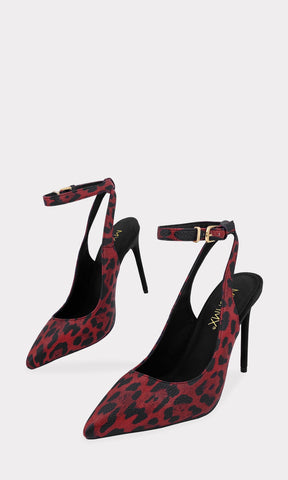 CITADEL SLINGBACK ROJO CON ESTAMPADO ANIMAL PRINT DE TERMINACION PUNTIAGUDA Y DESTALONADAS CONFECCIONADAS EN VINIPIEL CON PULSERA TOBILLERA PARA CHICA