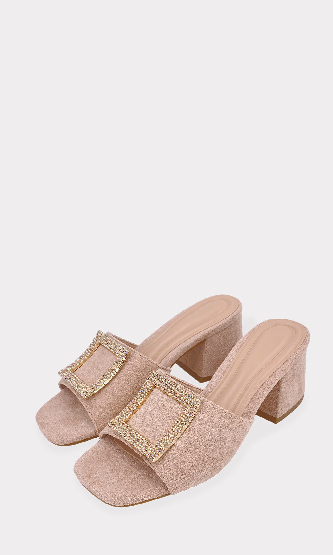 LILLY ZAPATILLAS MULES COLOR NUDE DE PUNTA CUADRADA ABIERTA CON DETALLE DE BRILLOS EN STRAP ARRIBA DE LOS DEDOS Y TACON GRUESO DE 6 CM PARA DAMA