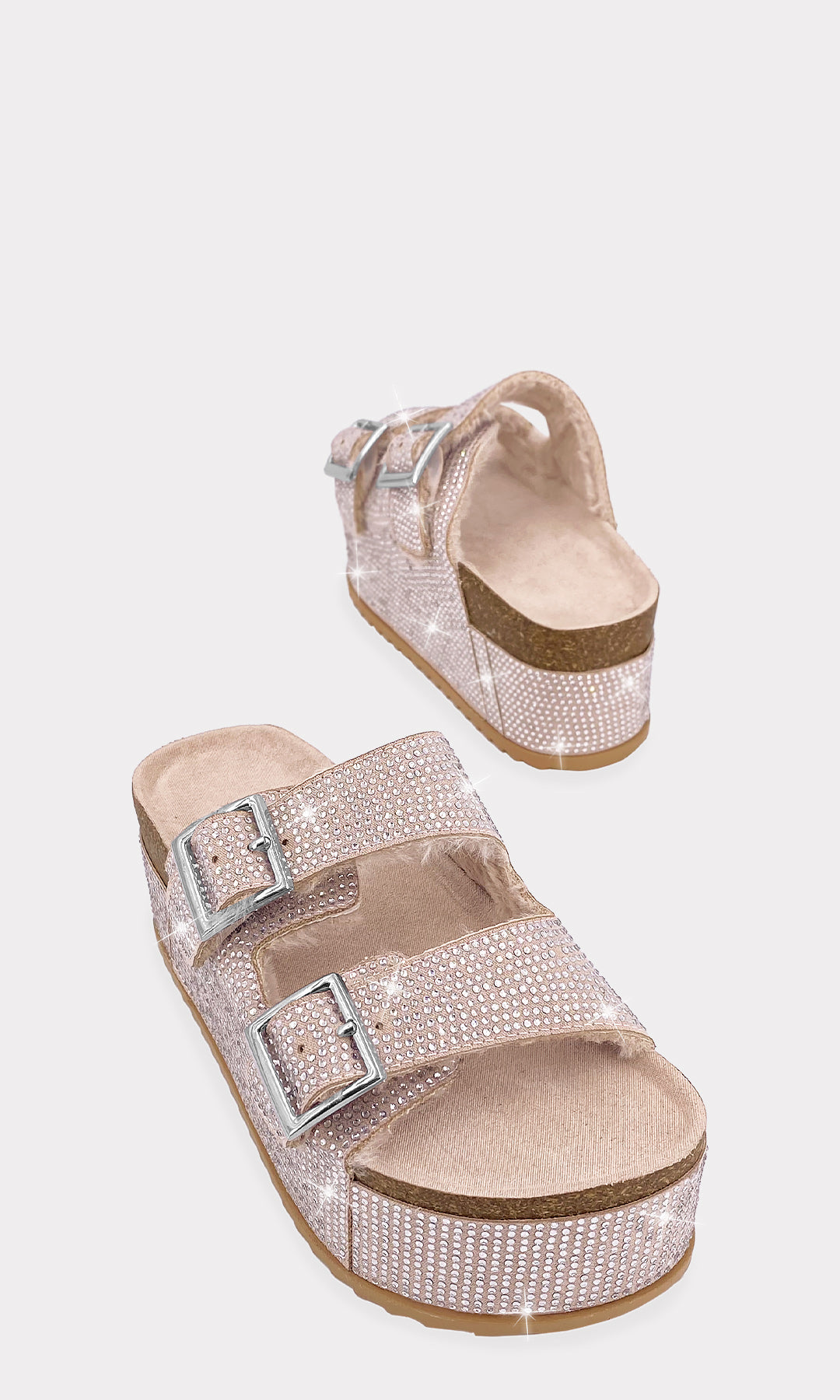 LINETTE SANDALIAS ABIERTAS SLIP ON COLOR NUDE DE PUNTA ALMENDRADA CON TALON DESCUBIERTO CUBIERTAS DE BRILLOS PLATEADOS Y SUELA GRUESA DE 6.5 CM 