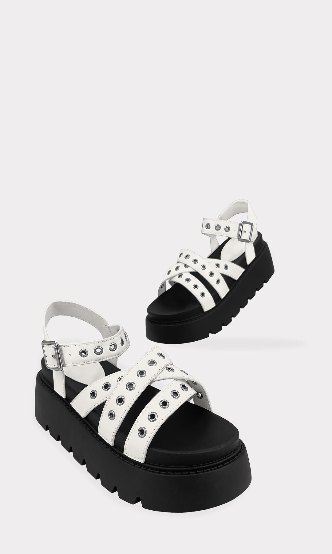 MARLEY PLATFORM SANDALS BLANCAS DESTALONADAS CONFECCIONADAS EN VINIPIEL CON OJILLOS METALICOS EN STRAP AL FRENTE Y PLATAFORMA DE 5 CM PARA MUJER