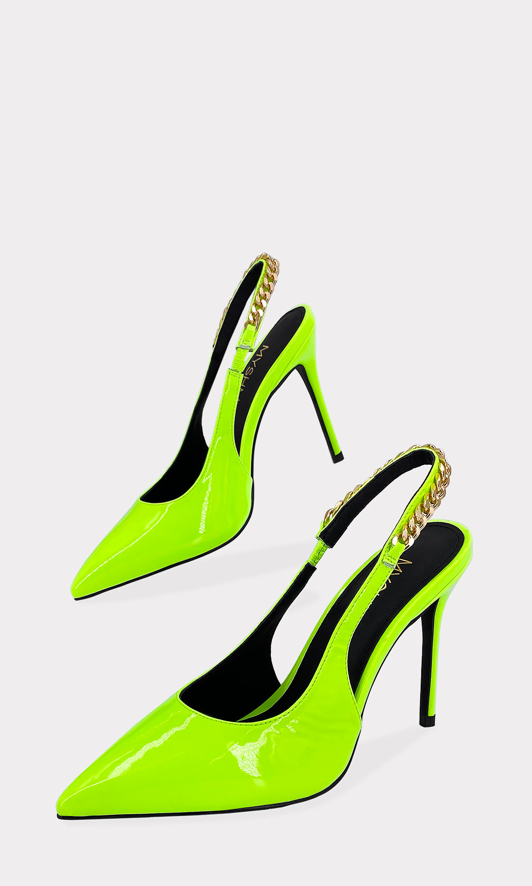 MISTRESS SLINGBACK DE TACON VERDE NEON HECHAS EN CHAROL CON CADENA METALICA EN ANKLE STRAP DE SUELA DELGADA Y TERMINACION PUNTIAGUDA PARA MUJER 