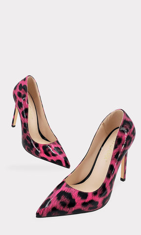 POISON STILETTOS ROSA NEON CON ESTAMPADO DE LEOPARDO CONFECCIONADOS EN CHAROL Y TACON DE AGUJA DE 11 CM CON TERMINACION PUNTIAGUDA PARA DAMA 