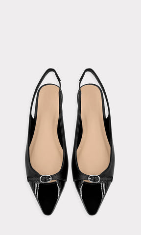 SIENNA BALLERINAS NEGRAS SLINGBACK CONFECCIONADAS EN CHAROL CON DETALLES DE CUERO SINTETICO Y HEBILLA PEQUEÑA AL FRENTE PARA MUJER DE TACON BAJO