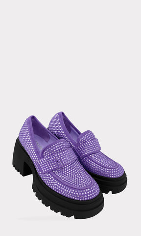 TUXEDO MOCASINES CONFECCIONADOS EN GAMUZA MORADA CUBIERTOS DE BRILLOS AL TONO Y PLATAFORMA DE 4 CM CON TACON CUADRADO PARA MUJER FASHION