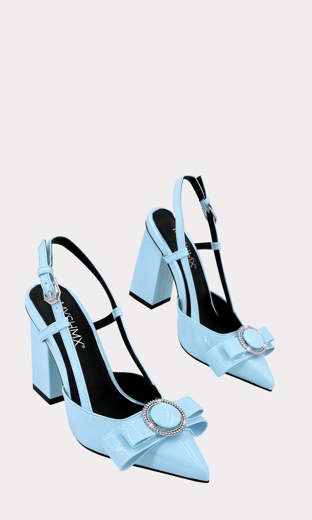 VANNITY SLINGBACK DE TACON AZUL DE 9.5 CM HECHOS EN CHAROL CON TERMINACION PUNTIAGUDA DE HEBILLA METALICA EN CINTA TALONERA Y MOÑO XL AL FRENTE PARA CHICA